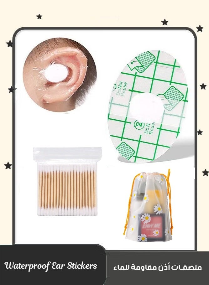 60-Piece Baby Waterproof Ear Stickers with Absorbent Cotton, 100 round-tipped cotton swabs + 1 storage bag，Newborn Ear Protector for Bathing Swimming Showering Surfing Snorkeling and Other Water Sports - Image 1